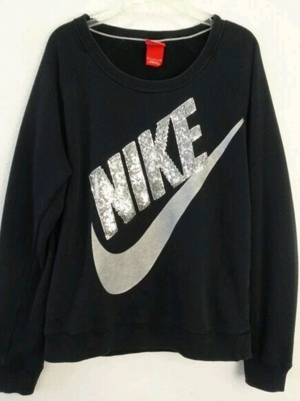 Nike Black Sweatshirt with Silver Swoosh and Glitter Logo Large